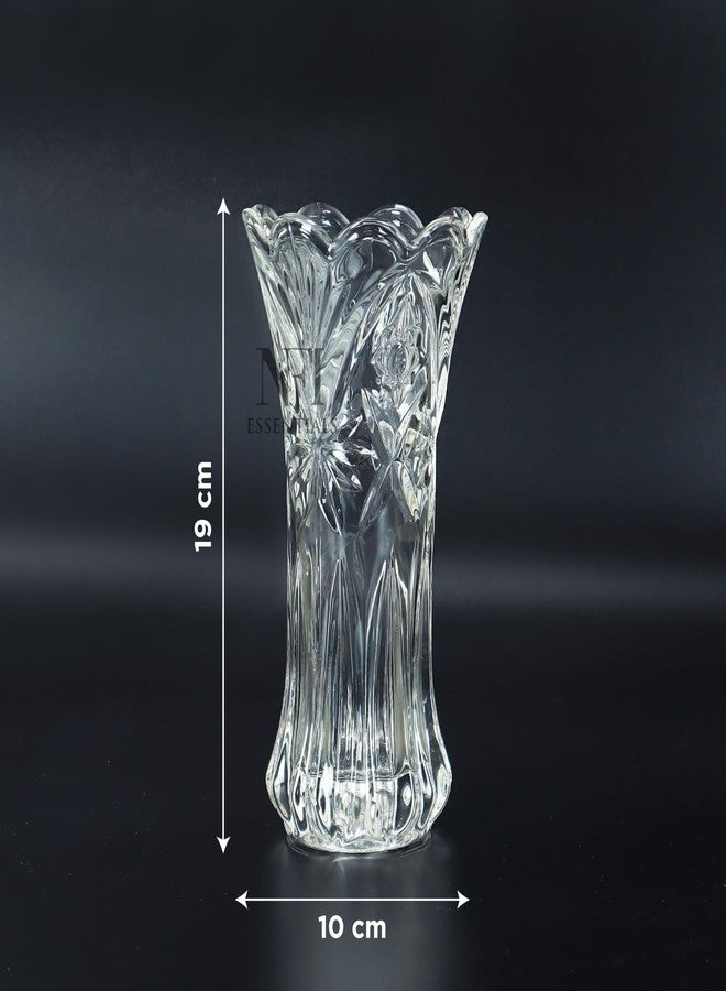 NFI essentials Crystal Clear Glass Vases for Flowers with Embossed Floral Design for Fresh or Artificial Flowers Decorative Centerpiece (Length 19cm) - Image 5